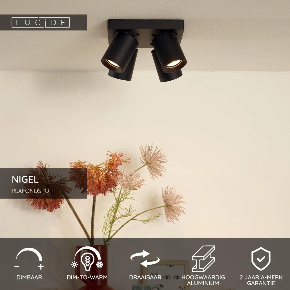Projecteur de plafond Nigel Noir à 4 lumières Lucide 5411212092595
