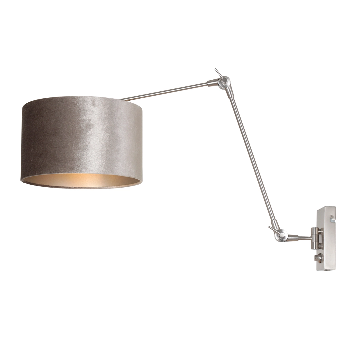 Lampe de lecture murale Prestige Chic Acier inoxydable avec abat-jour en velours taupe de 30 cm