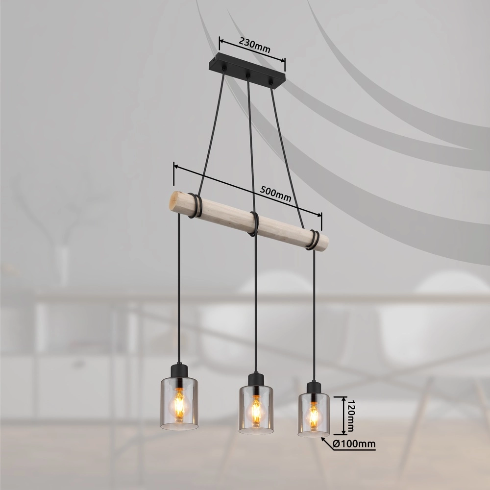Lampe pendante à 3 lampes Hadera noir avec verre fumé Globo 9007371438419