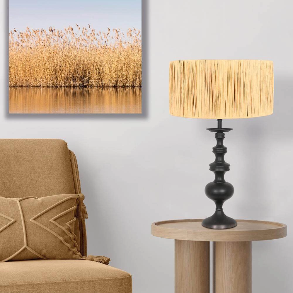 Lampe de table Lyons noir avec abat-jour paille Steinhauer 8712746172492