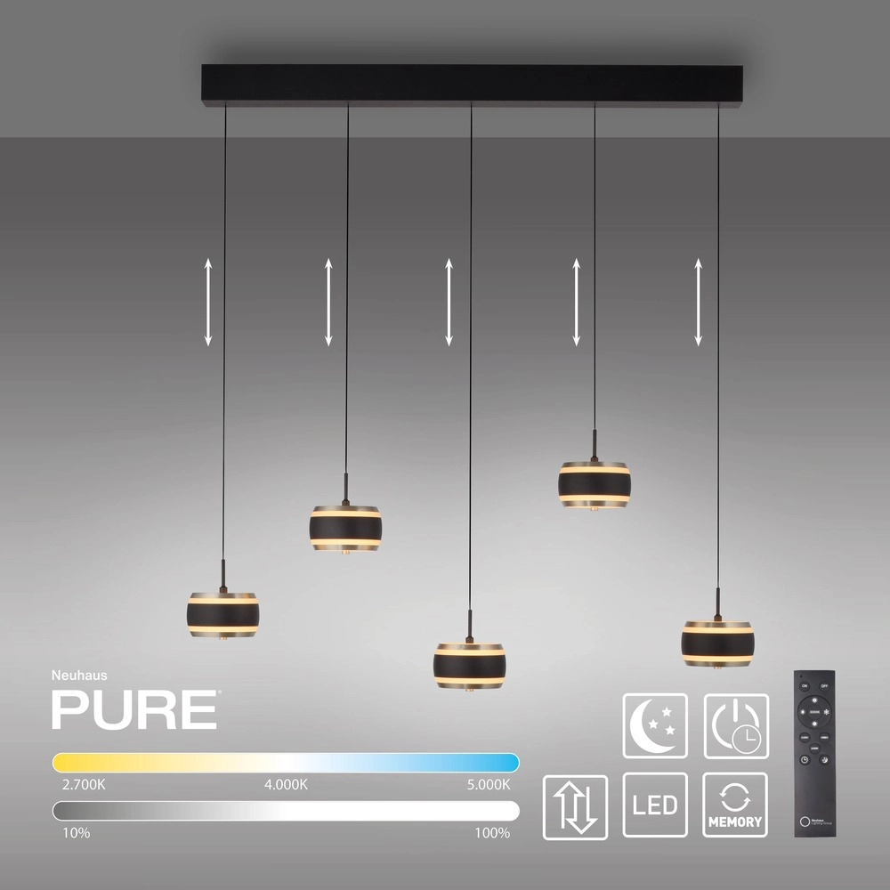 Lampe suspendue de table de salle à manger 5L Pure Falling Rings Black Pearl Paul Neuhaus 4012248396575