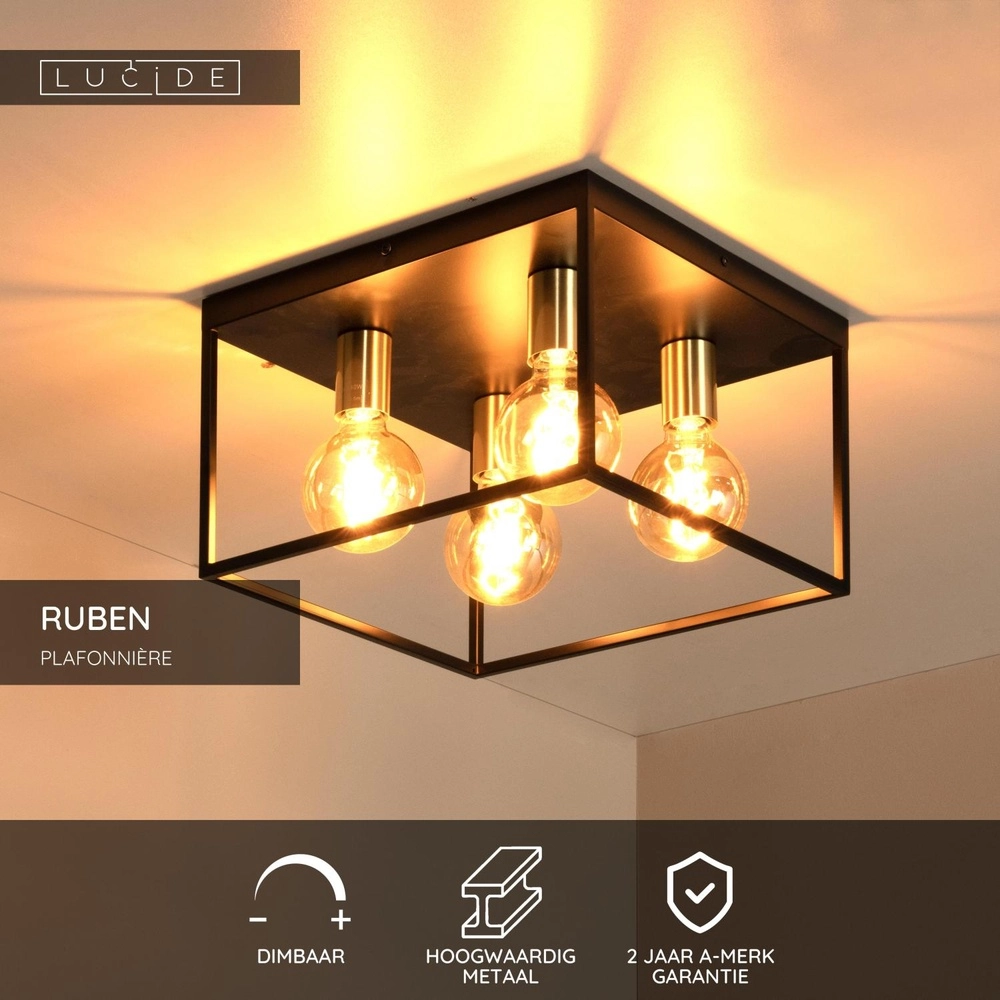 Lampe de plafond Ruben Carré noir de 36 cm Lucide 5411212010919