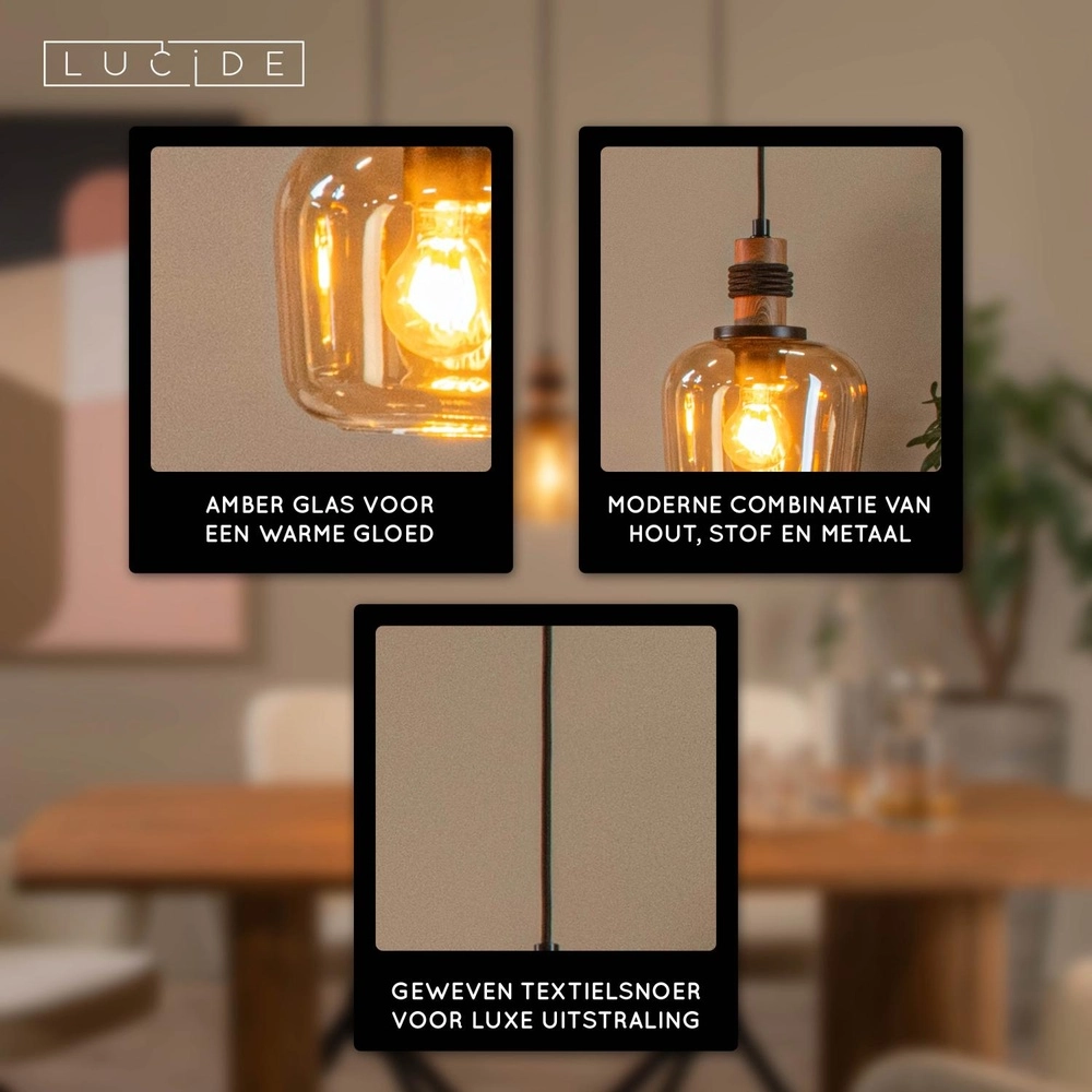 Lampe pendante à 3 lampes Ilona noir avec verre ambré Lucide 5411212452689