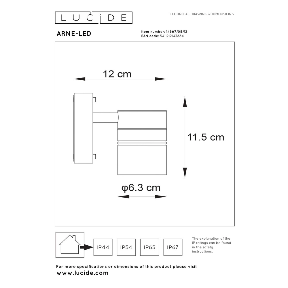 Projecteur mural Arne-Led Down chrome Lucide 5411212143884