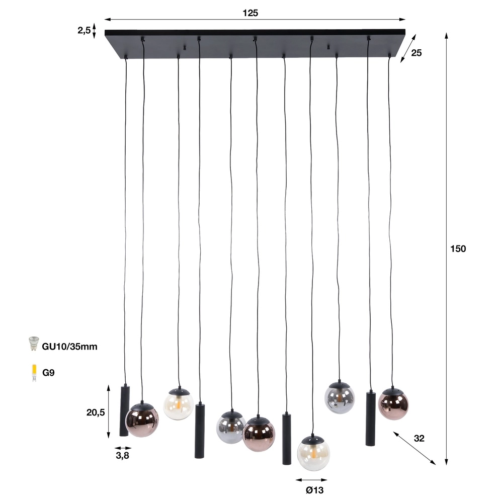 Conception de la lampe suspendue Orb 11 lumières noires Lyora 8716803514966