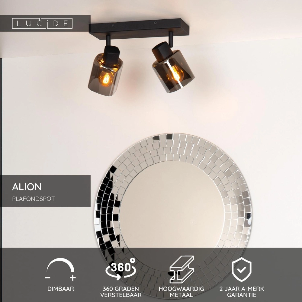 Lampe de plafond Alion Noir à deux lumières avec verre fumé Lucide 5411212176998
