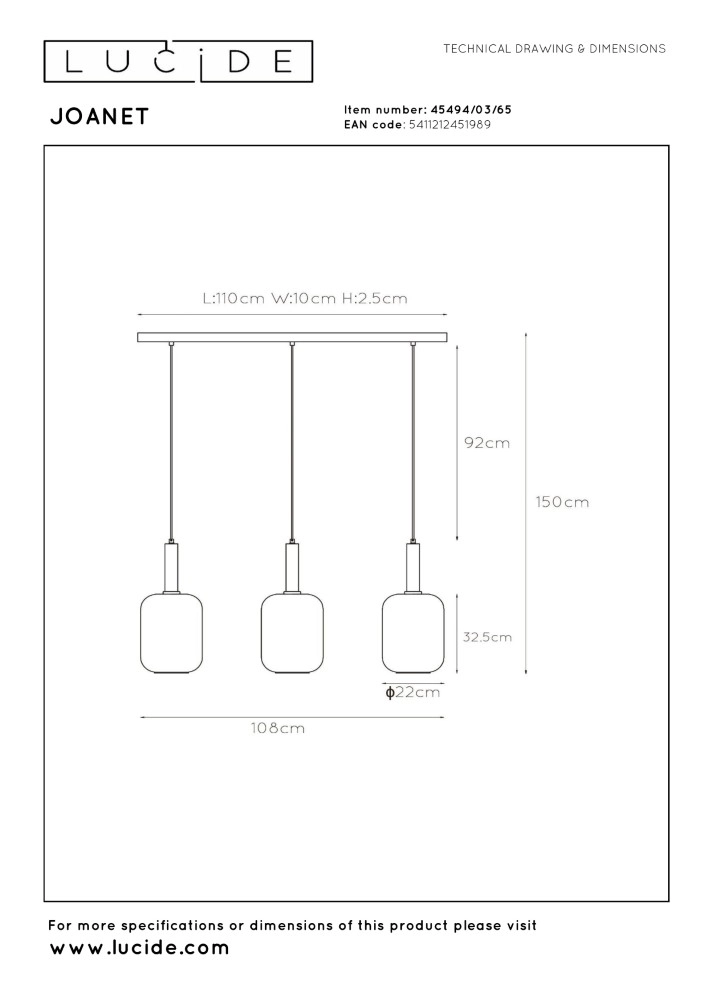Lampe pendante à 3 liches Joanet Or droit avec verre fumé Lucide 5411212451989
