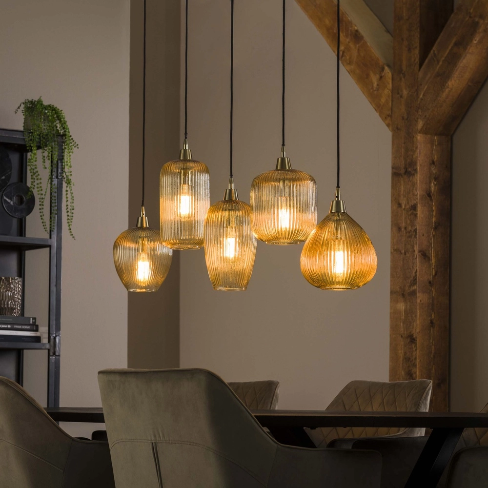 Suspension en verre à 5 lumières Stripe avec verre ambré