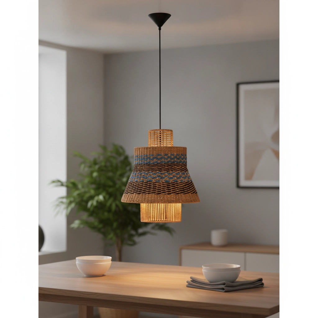 Suspension en rotin Mande bleu avec marron