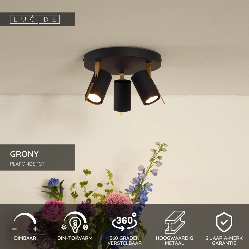 Lampe de plafond Grony Noir à 3 lumières Lucide 5411212176912