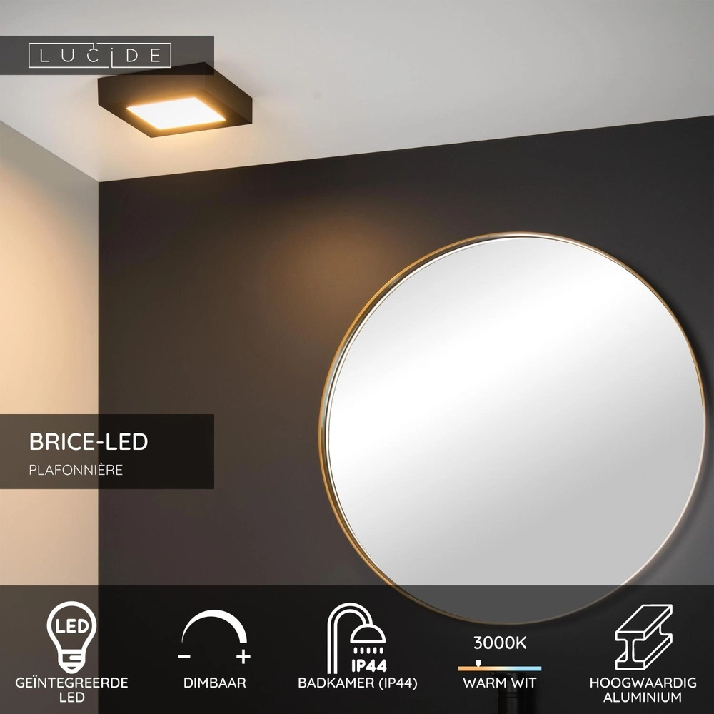 Éclairage de plafond Brice-Led 16,8 cm carrés IP44 noir Lucide 5411212281258