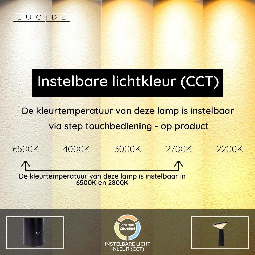 Lampe de table rechargeable Jive IP44 Couleur de lumière noire réglable Lucide 5411212021960