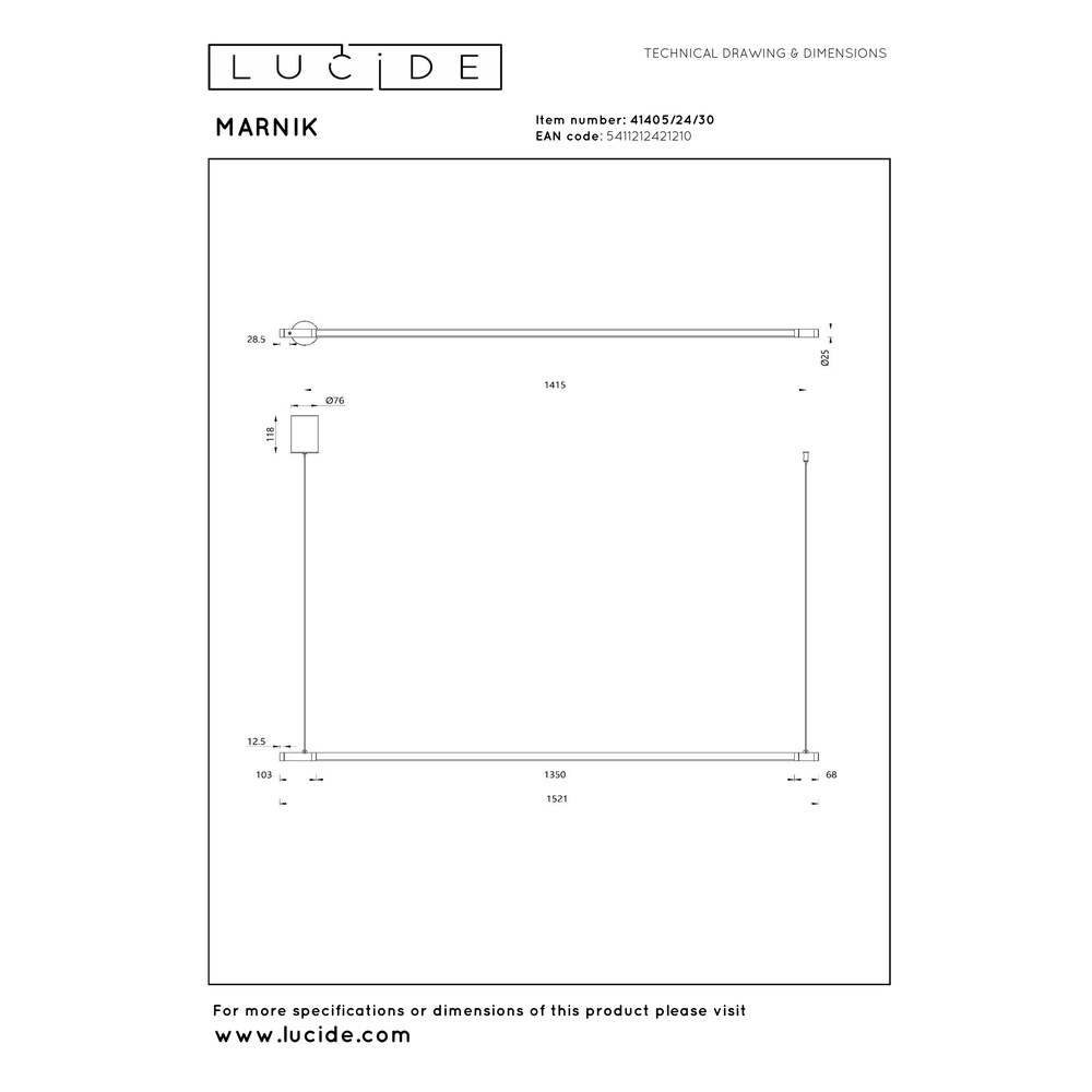Lampe suspendue élégante Marnik noir 150cm Premium by Lucide 5411212421210