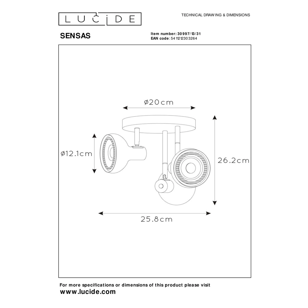 Lampe de plafond à 3 lampes Sensas design blanc GU10 ES111 Lucide 5411212303264