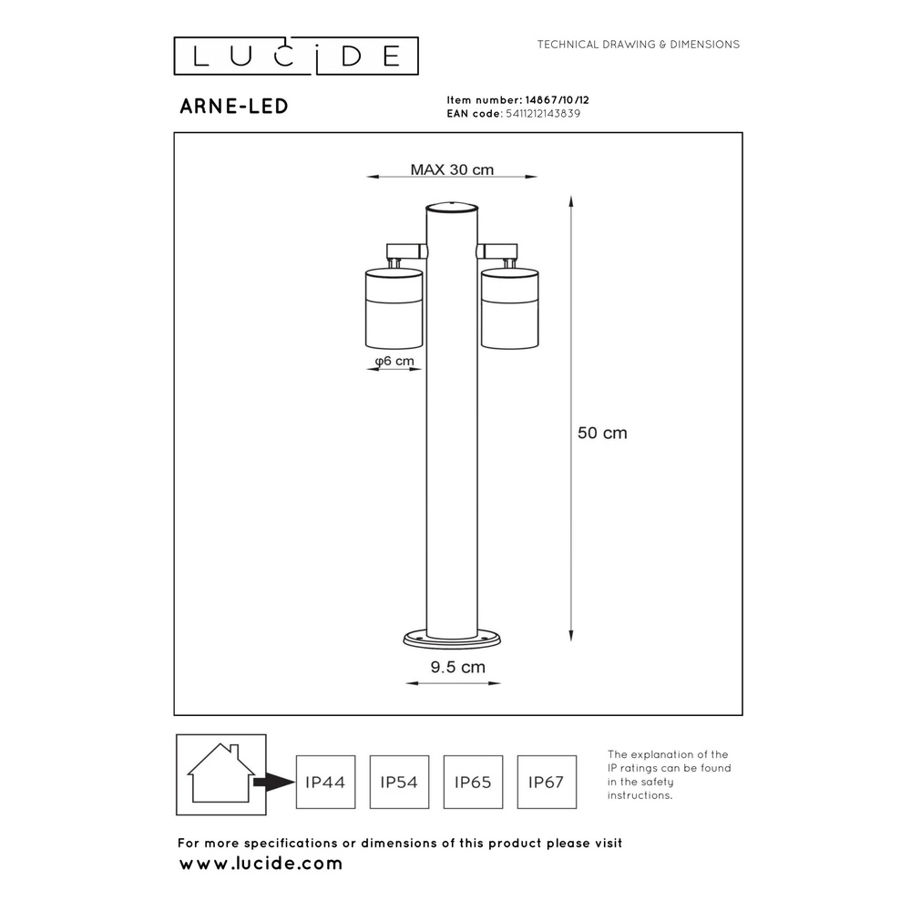Lampe de jardin Arne-Led Chrome à deux lumières Lucide 5411212143839