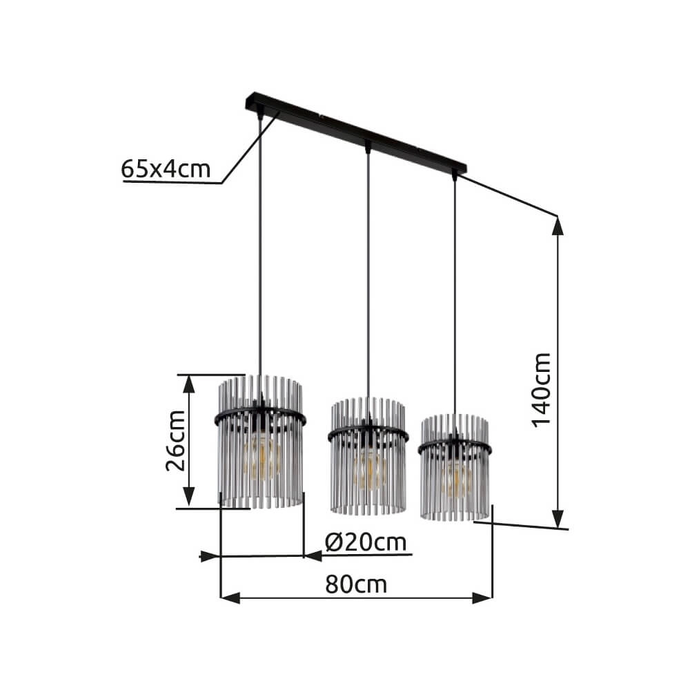 Suspension noire Gorley avec verre fumé 3 lumières Globo 9007371445790