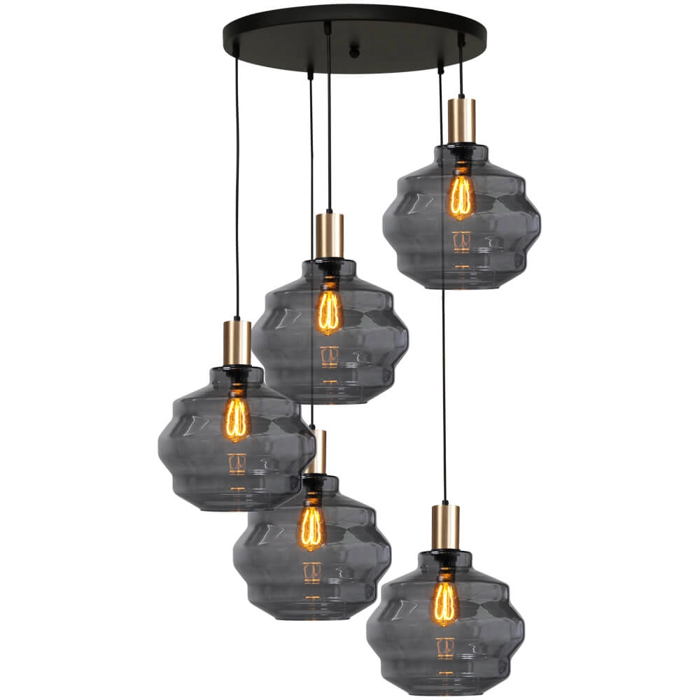 Suspension loft 5 lumières - dorée - Porto avec verres à fumée Ball - Ø 30cm