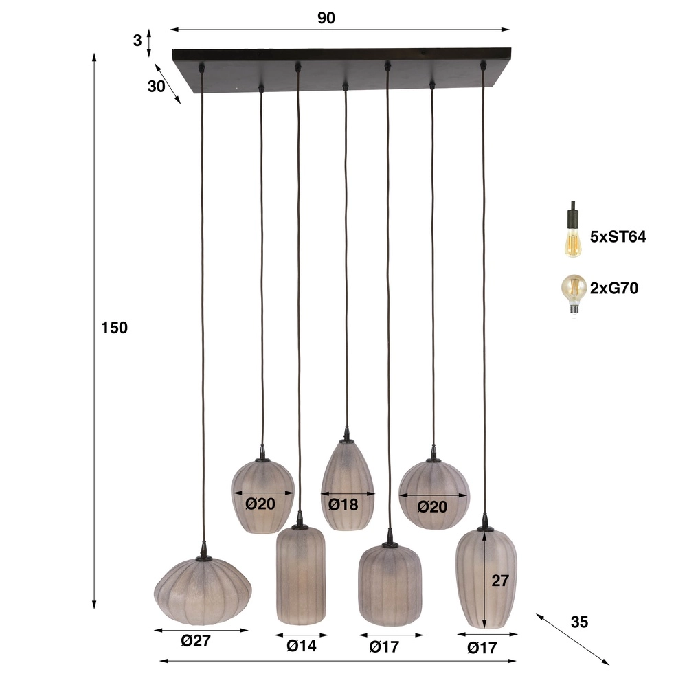 Lampe suspendue à 7 lampes Altura Sienne brun avec verre dépoli Lyora 8716803514874