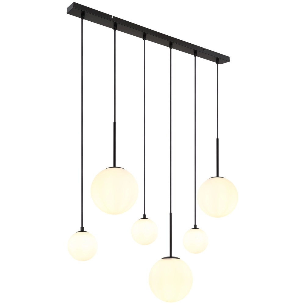 Lampe pendante de conception Hallie Noir à 6 lumières avec sphères blanches