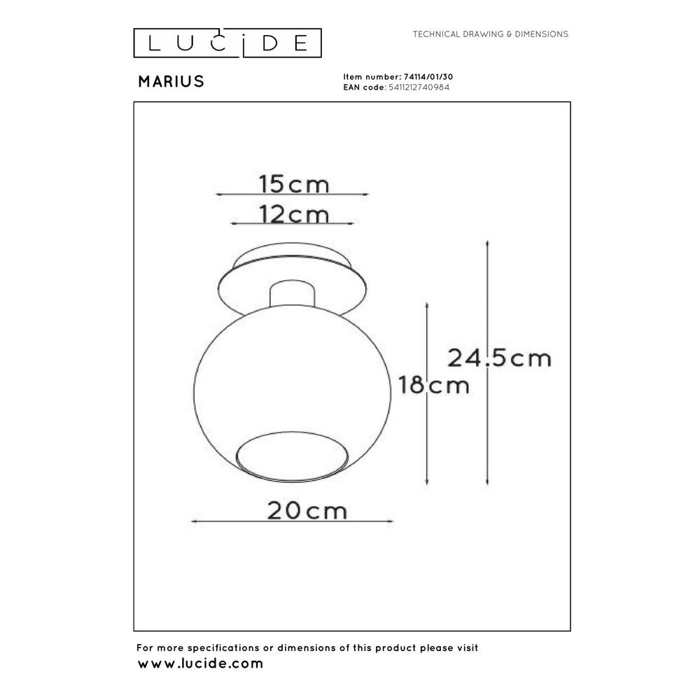 Lampe de plafond Marius noir avec verre fumé Lucide 5411212740984