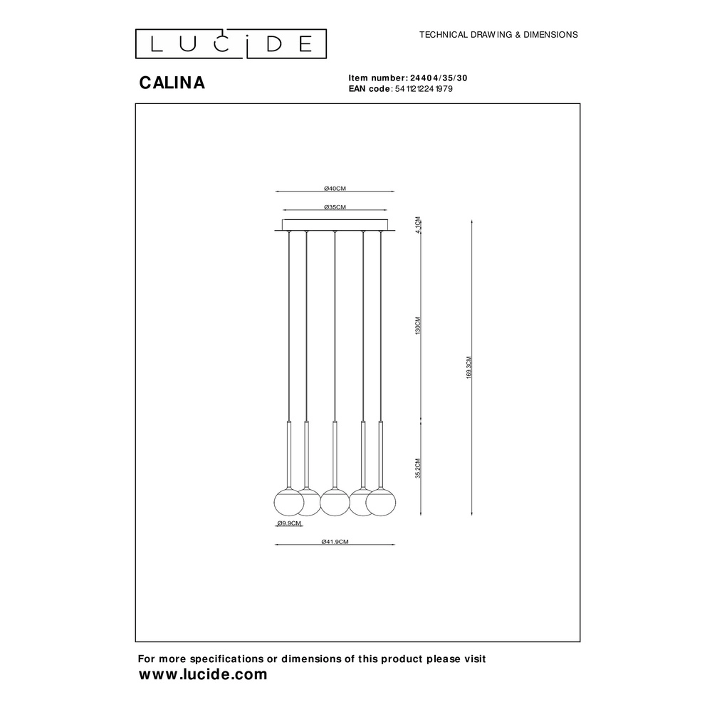 Lampe pendante Vide Calina 5 lumières avec sphères blanches Premium by Lucide 5411212241979