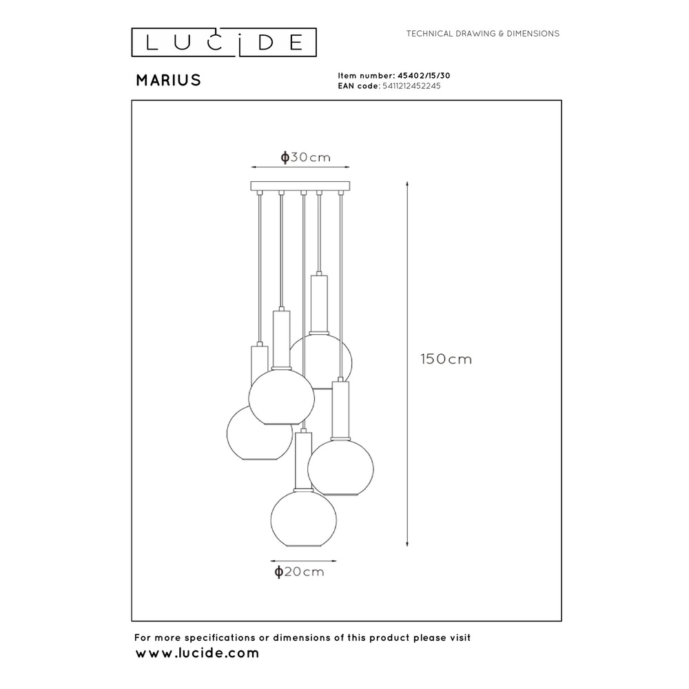 Lampe suspendue Marius Noir à 5 lumières Lucide 5411212452245