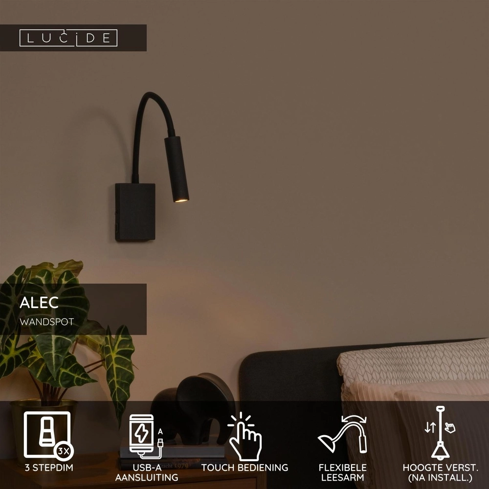 Lampe de chevet Alec noir avec port USB Lucide 5411212031952