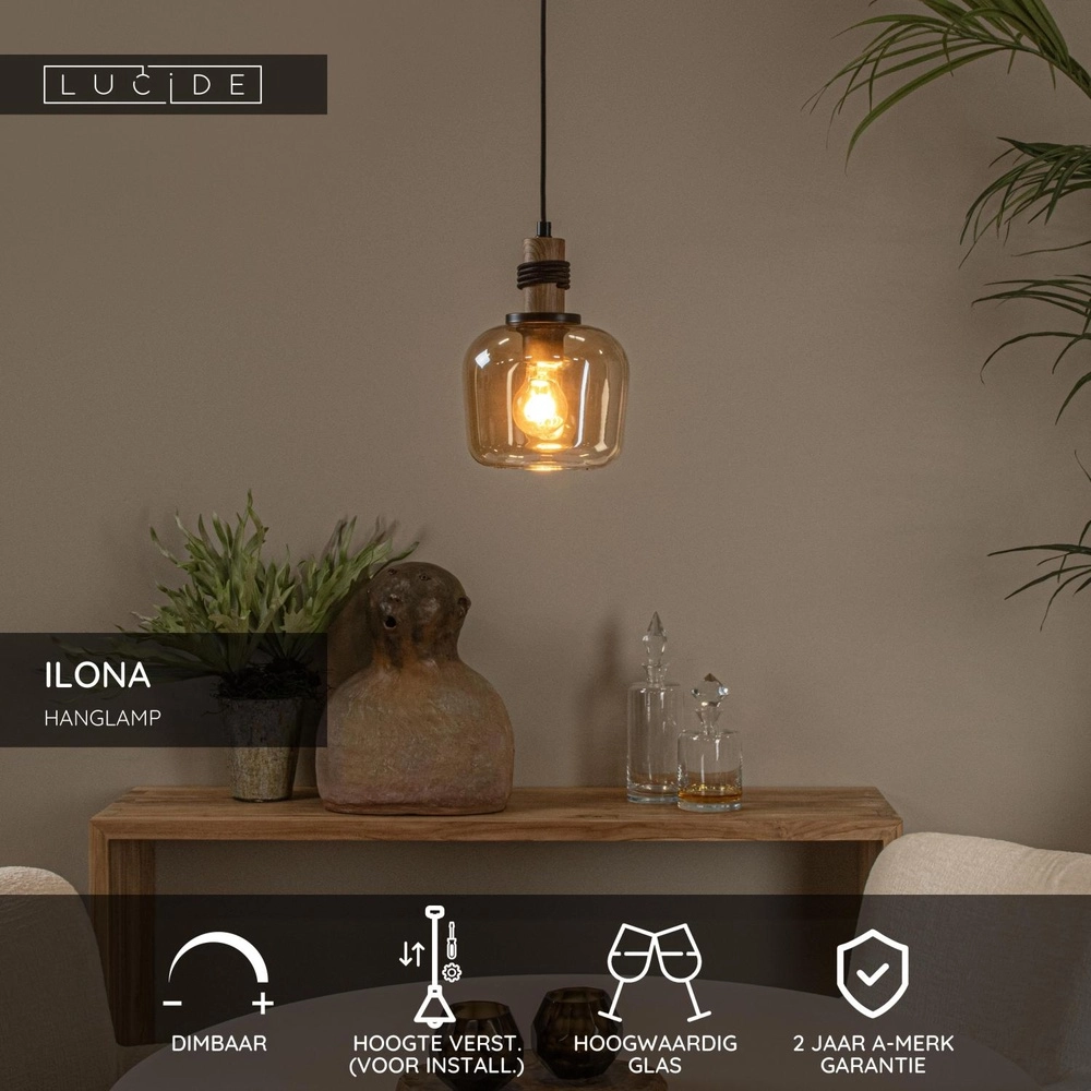 Lampe suspendue Ilona Ø 18 cm noir avec verre ambré Lucide 5411212452658
