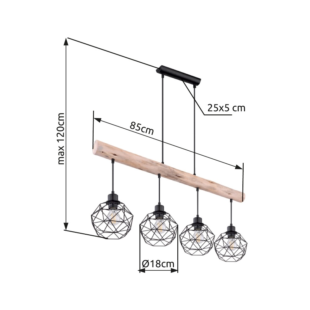 Lampe de table à manger à 4 lumières Theodor noir avec bois Globo 9007371400676