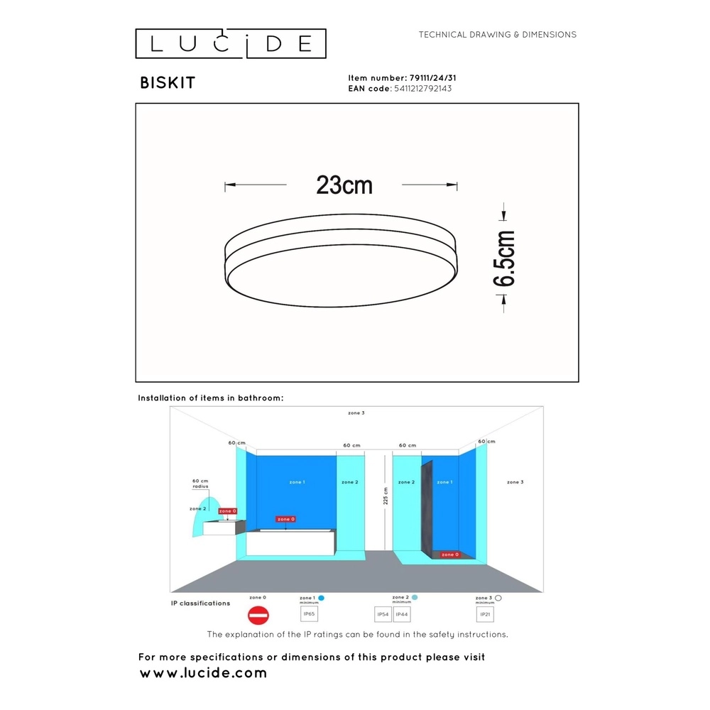 Éclairage de plafond Biskit Ø 23cm - IP44 blanc Lucide 5411212792143
