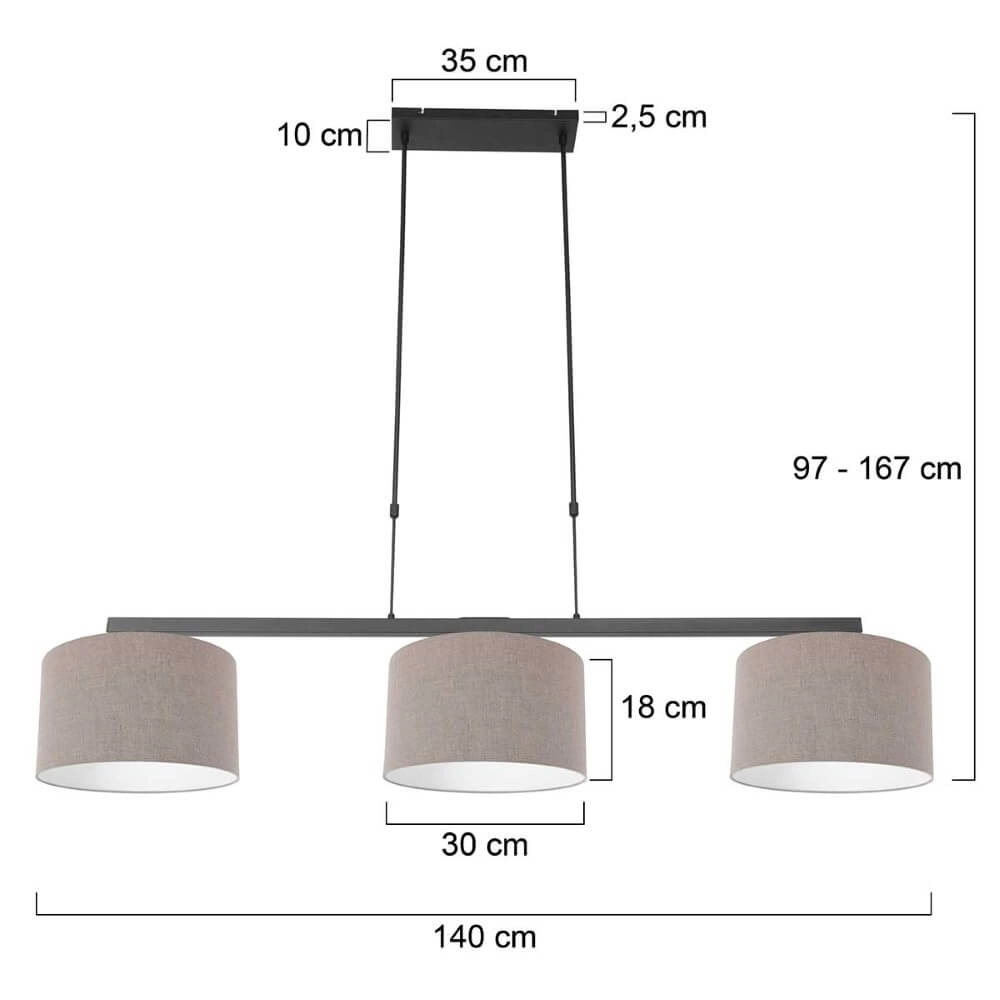 Lampe suspendue noire Stang avec des nuances de lin taupe Steinhauer 8712746165784