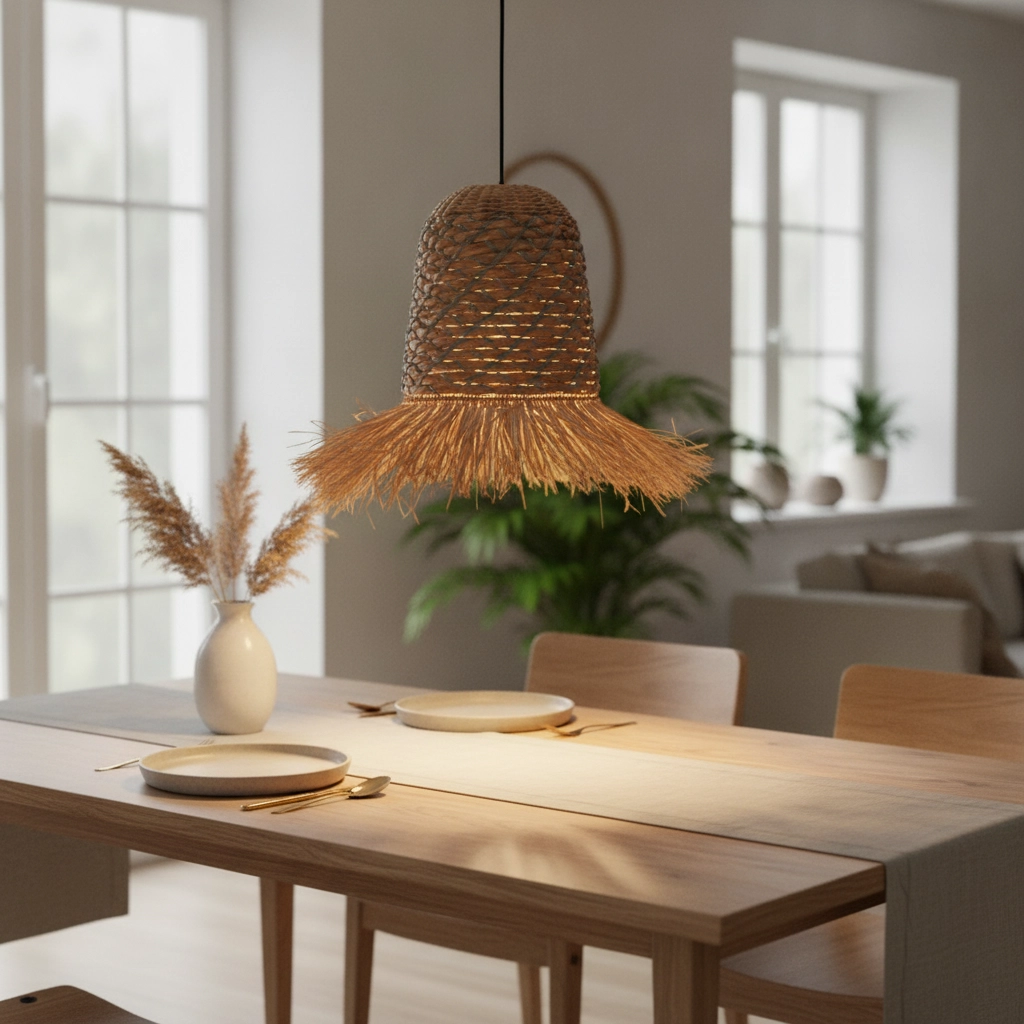 Lampe en paille Sorello bleu avec marron