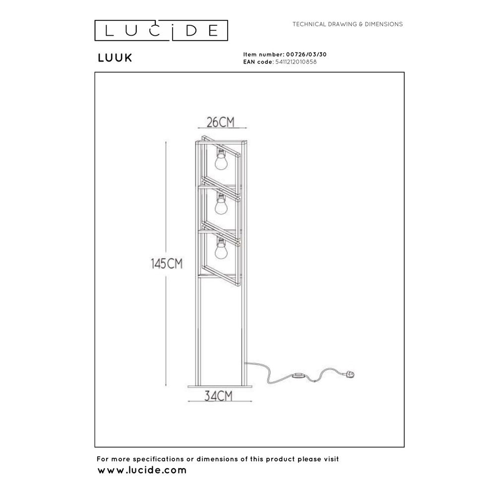 Lampe de pied Luuk Noir à 3 lumières Lucide 5411212010858