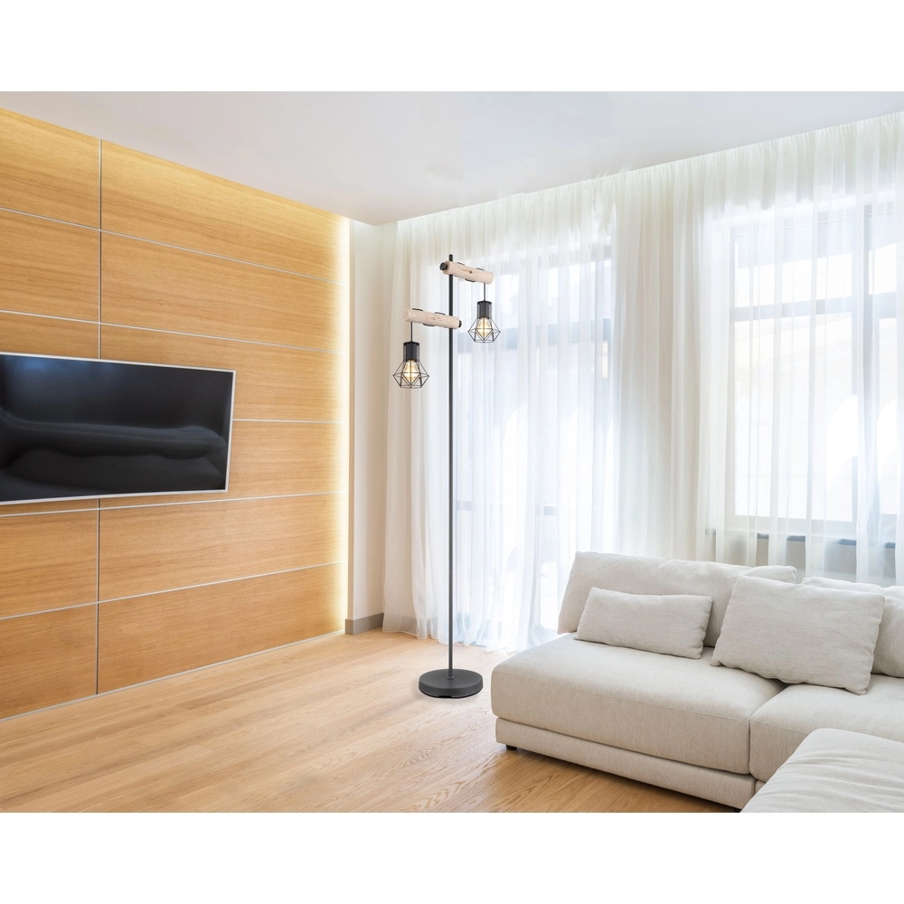 Lampe de pied Priska noir avec bois Globo 9007371443840