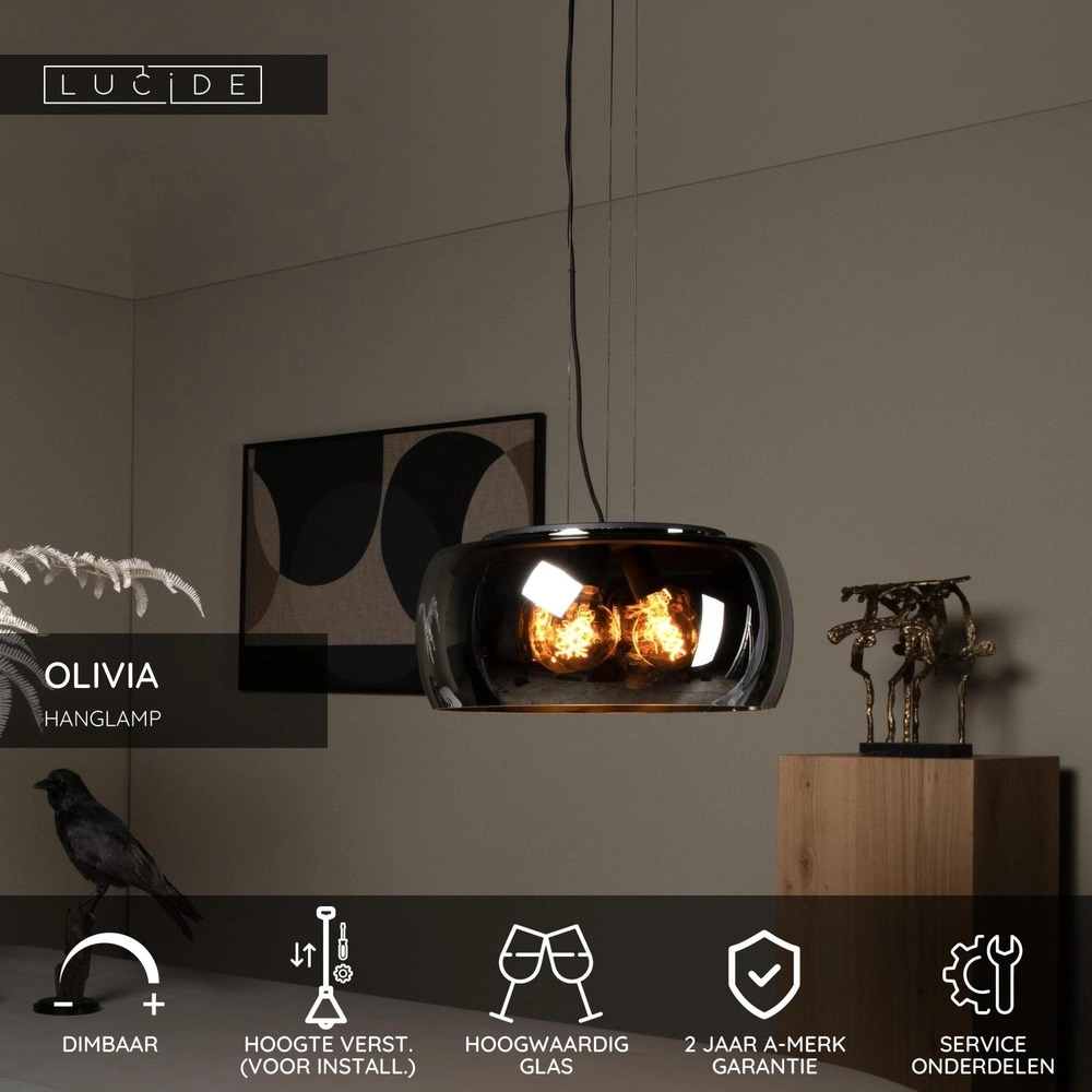 Lampe pendante de conception Olivia Ø 50 cm noir avec verre fumé Lucide 5411212452108
