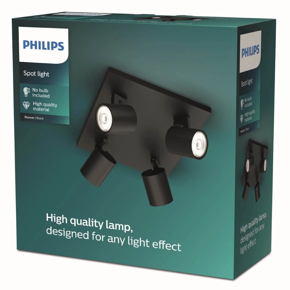 Spot de plafond noir Runner 4 lumières Philips 8719514435353
