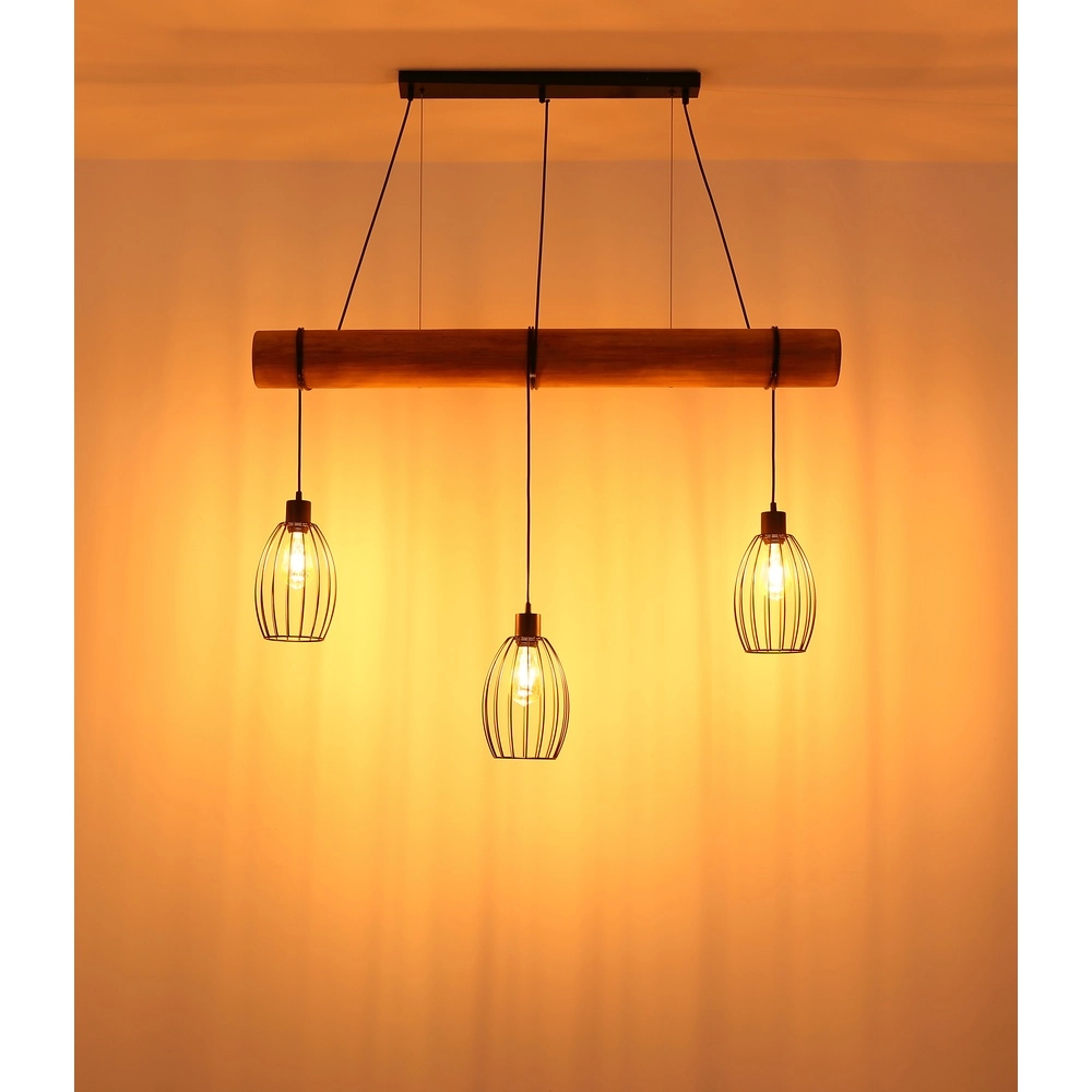 Lampe pendante de campagne Berti Bois 3 clairs avec noir Globo 9007371583331