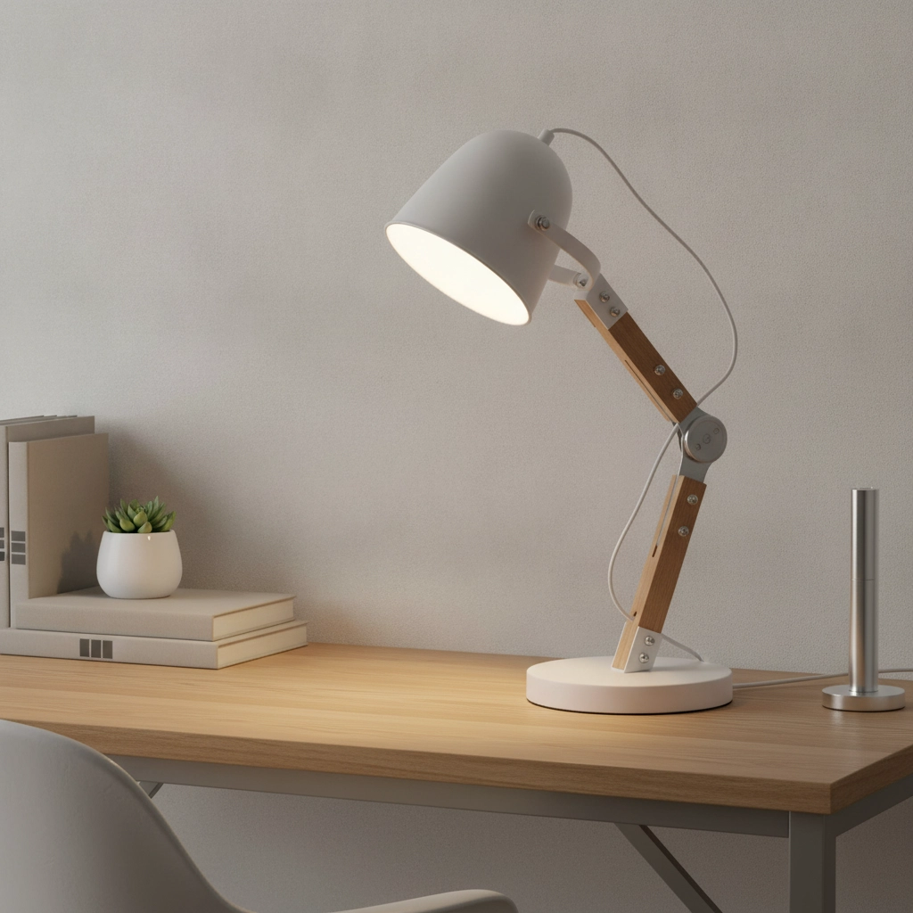Lampe de bureau rurale Cooper blanc avec du bois