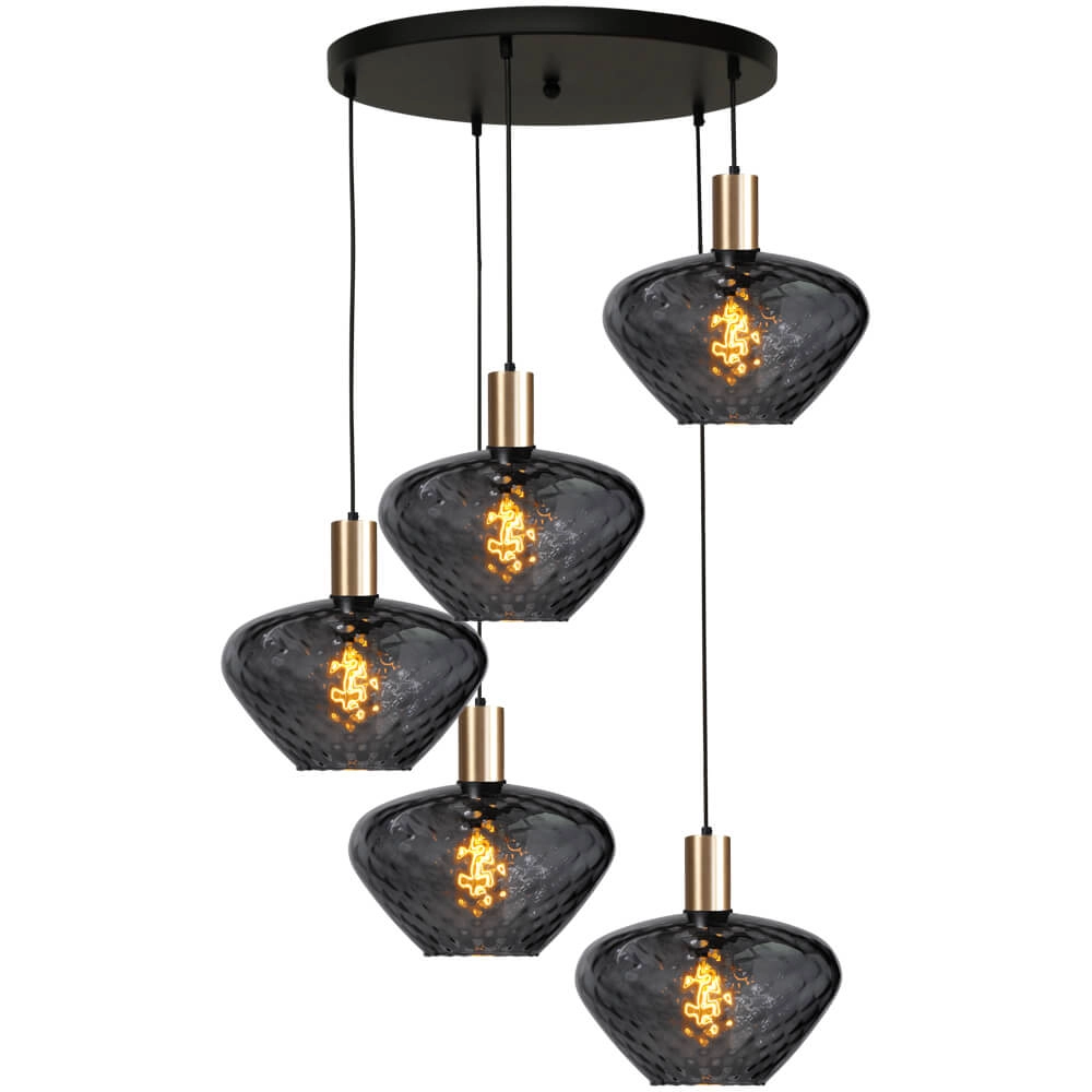 Suspension loft 5 lumières - dorée - Porto avec des verres à fumée Blossom