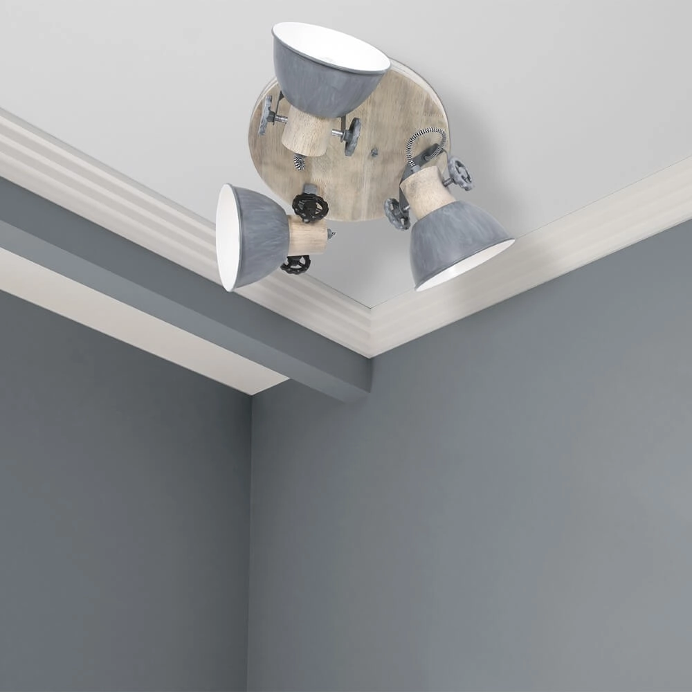 Plafonnier industriel Gearwood Gris vintage à 3 lumières avec bois Steinhauer 8712746135404