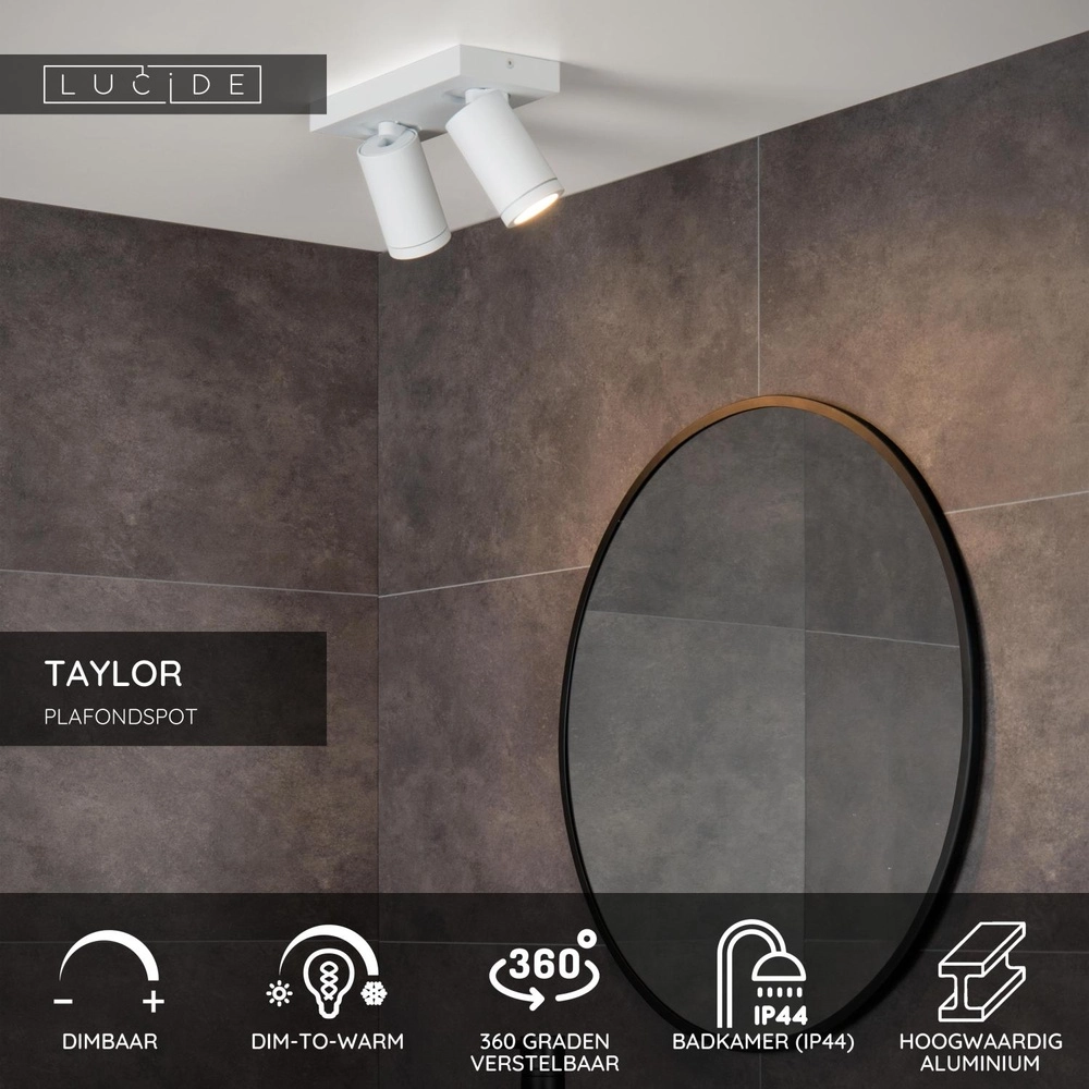 Projecteur de plafond Taylor IP44 blanc à deux lumières Lucide 5411212092649