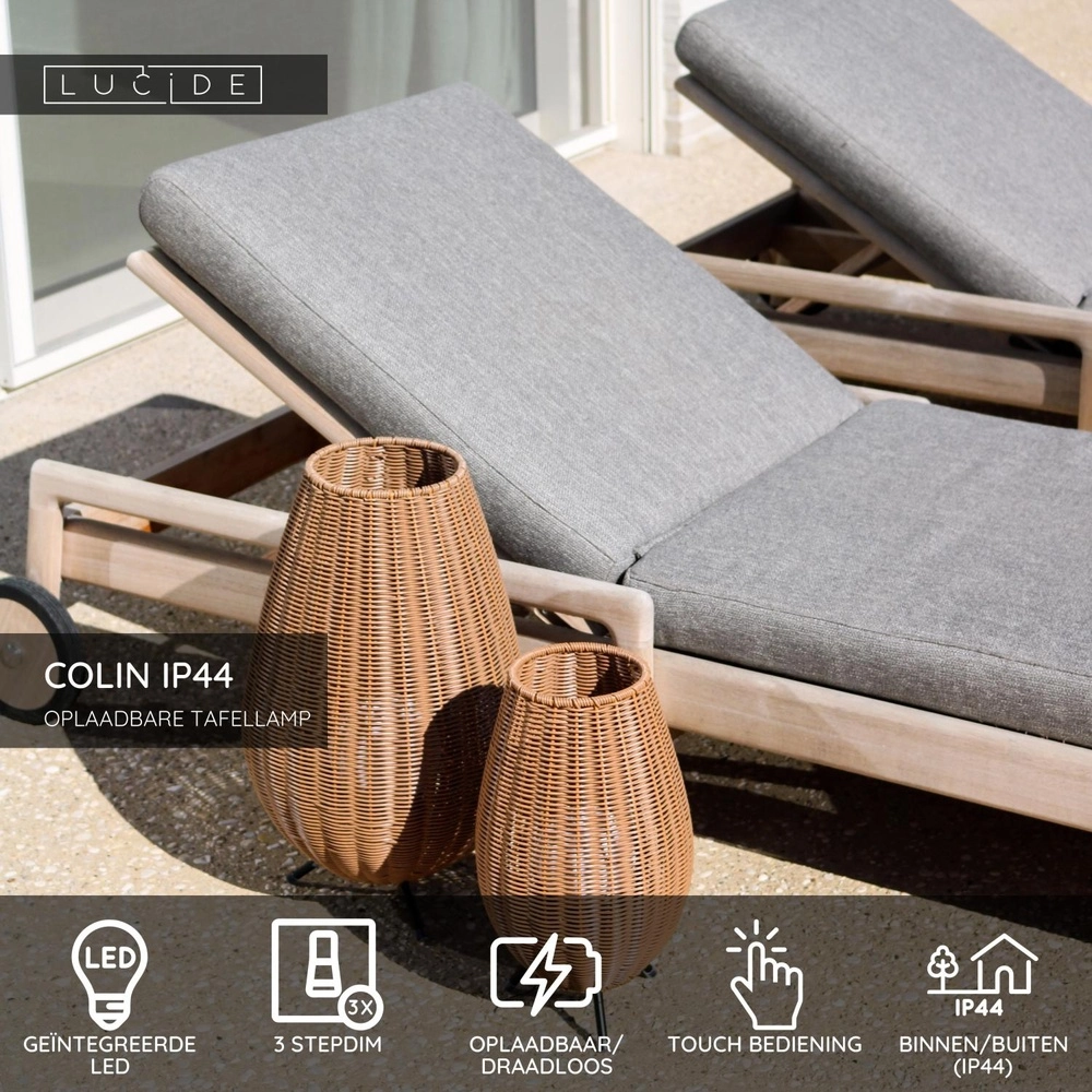Lampe de table rechargeable Colin Ip44 Rotin Lucide 5411212031839