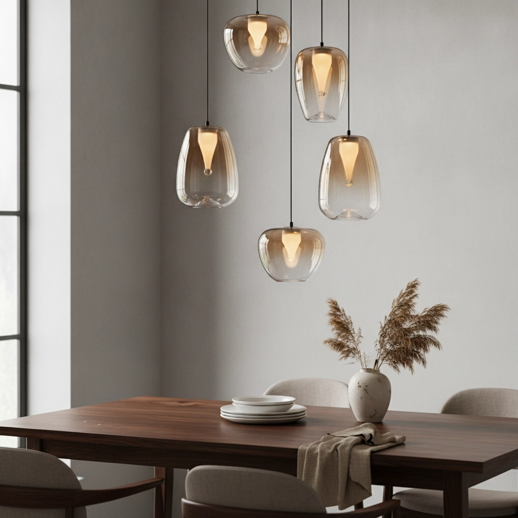 Suspension design Oblo Verre ambré à 5 lumières