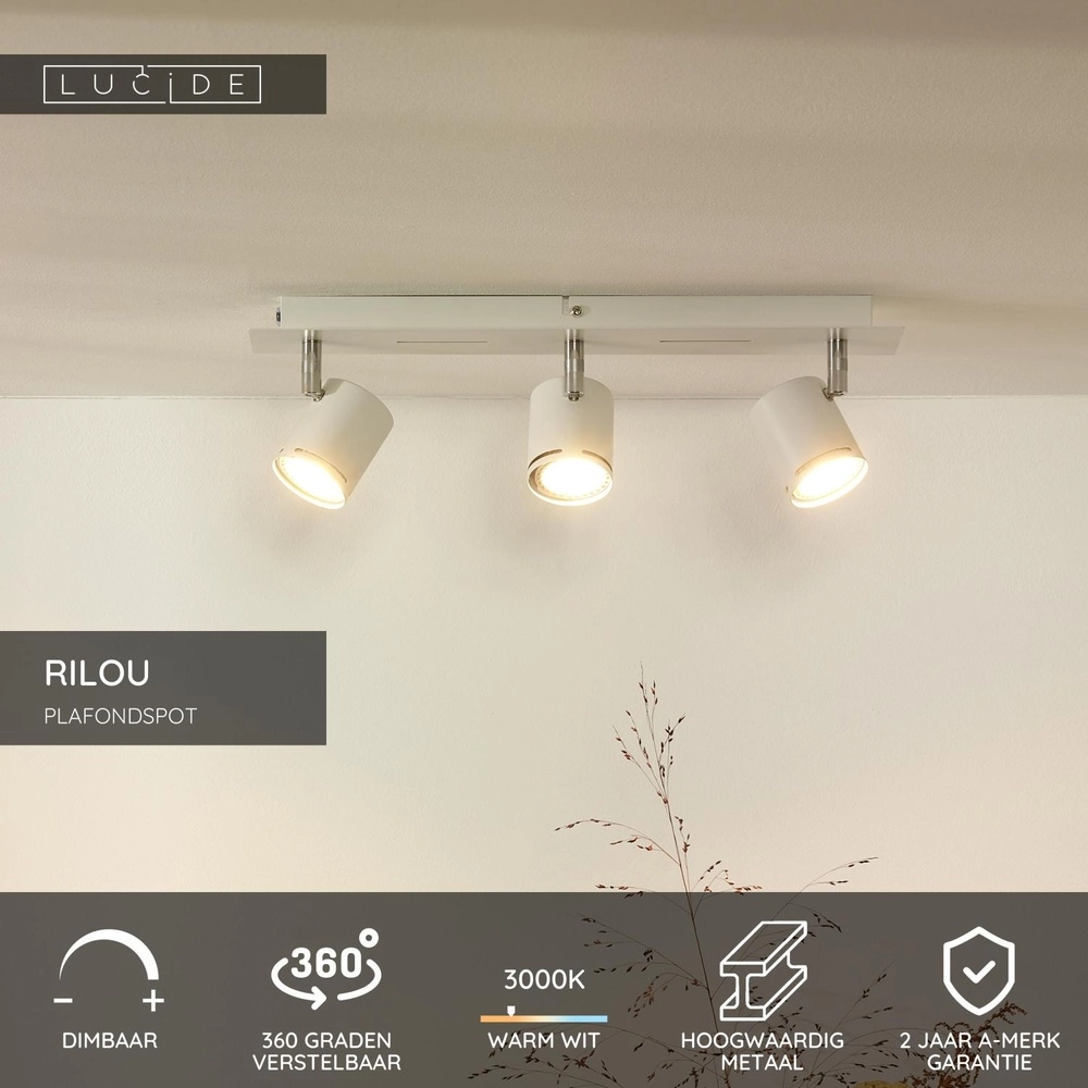 Projecteur de plafond Rilou Blanc dimmable à 3 lumières Lucide 5411212261984
