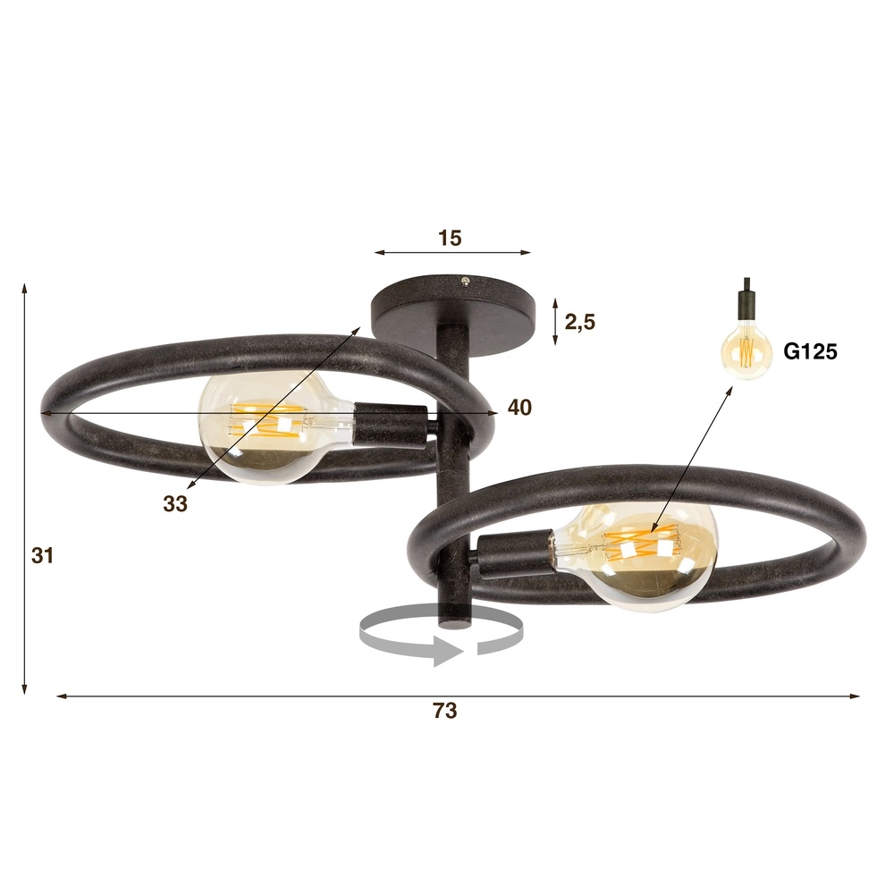 Lampe de plafond de campagne Pebble Noir arctique - 2x E27 Lyora 8716803510999