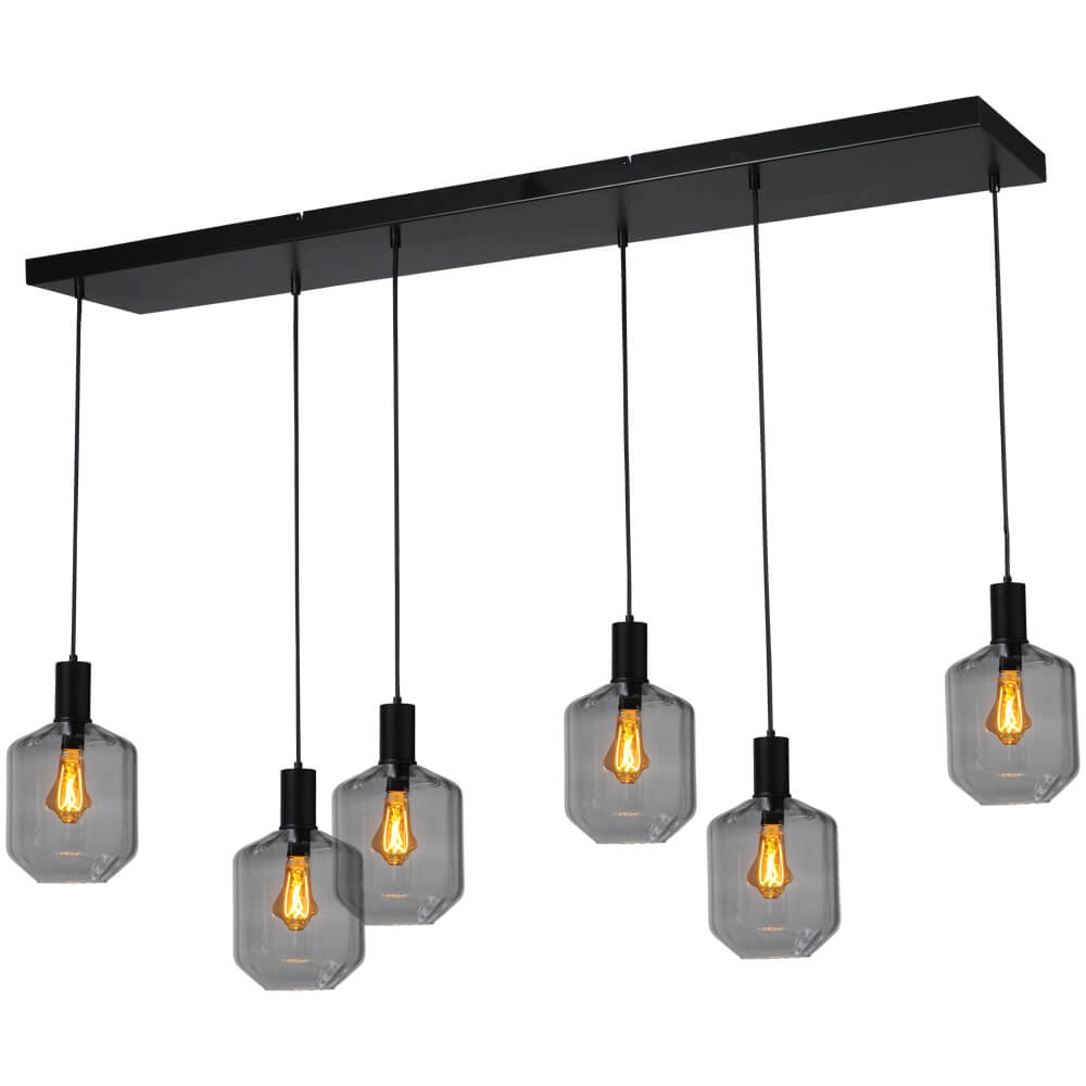 Lampe suspendue 6 lumières - noire - Porto avec des verres à fumée Jagger Lampe suspendue 6 lumières - noire - Porto avec des verres à fumée Jagger