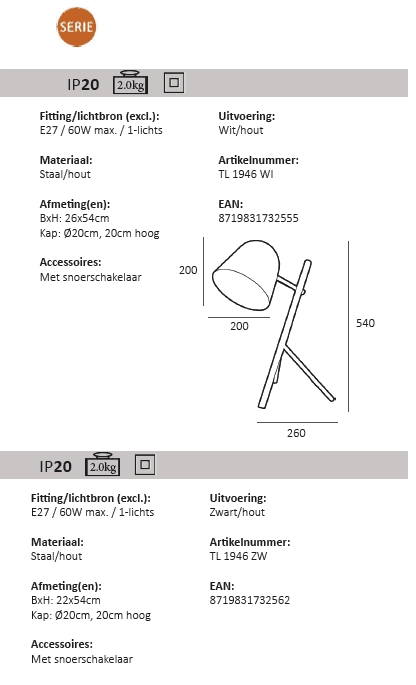 Lampe de table country Sensa Trépied noir avec bois Artdelight 8719831732562