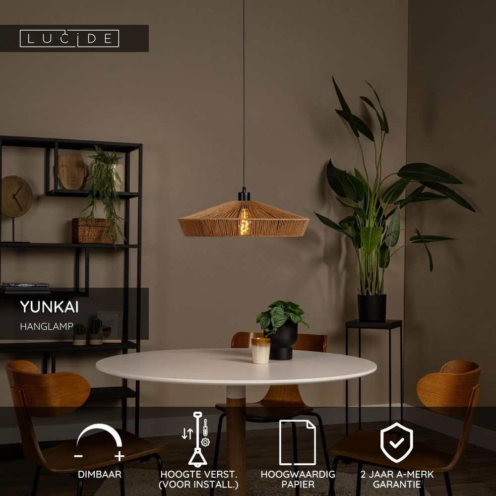 Lampe suspendue Yunkai Ø 50 cm noir avec rotin Lucide 5411212105691