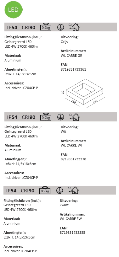 Projecteur de façade à LED Carre 13 cm - blanc Artdelight 8719831733378