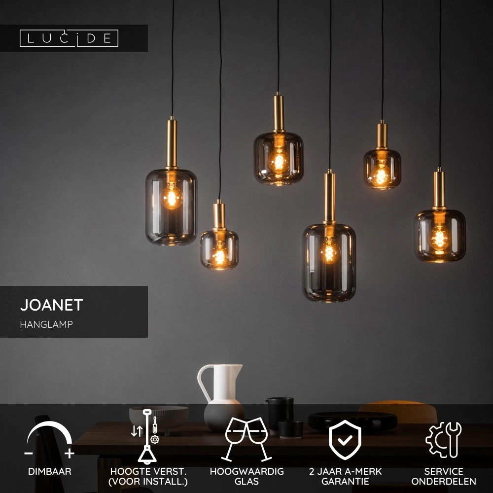 Lampe suspendue à 6 lampes Joanet Or droit avec verre fumé Lucide 5411212451446